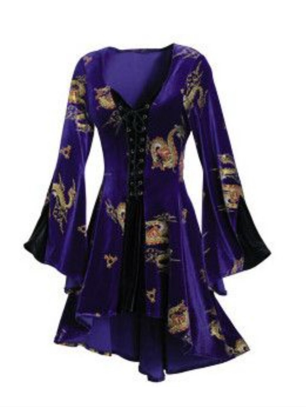 Shrine Purple Asymmetrical Velvet Dress with Dragon Print & Bell Sleeves Sz S